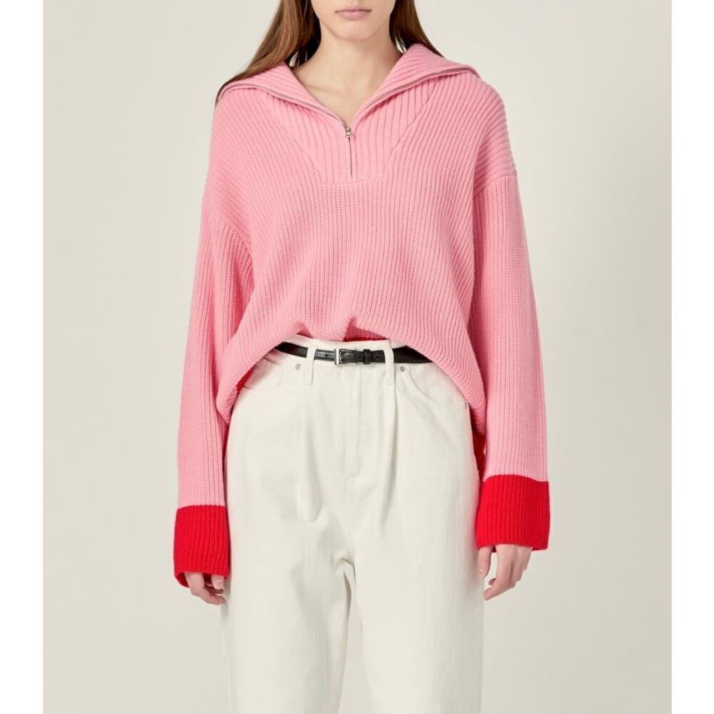 English Factory Contrast Zip Pullover Sweater size L Pink‎ Red